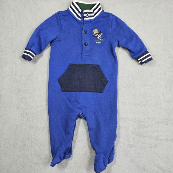 Ralph Lauren Boys 3 Months Blue Football Bear Rugby Polo One Piece Romper Snaps - Picture 1 of 10